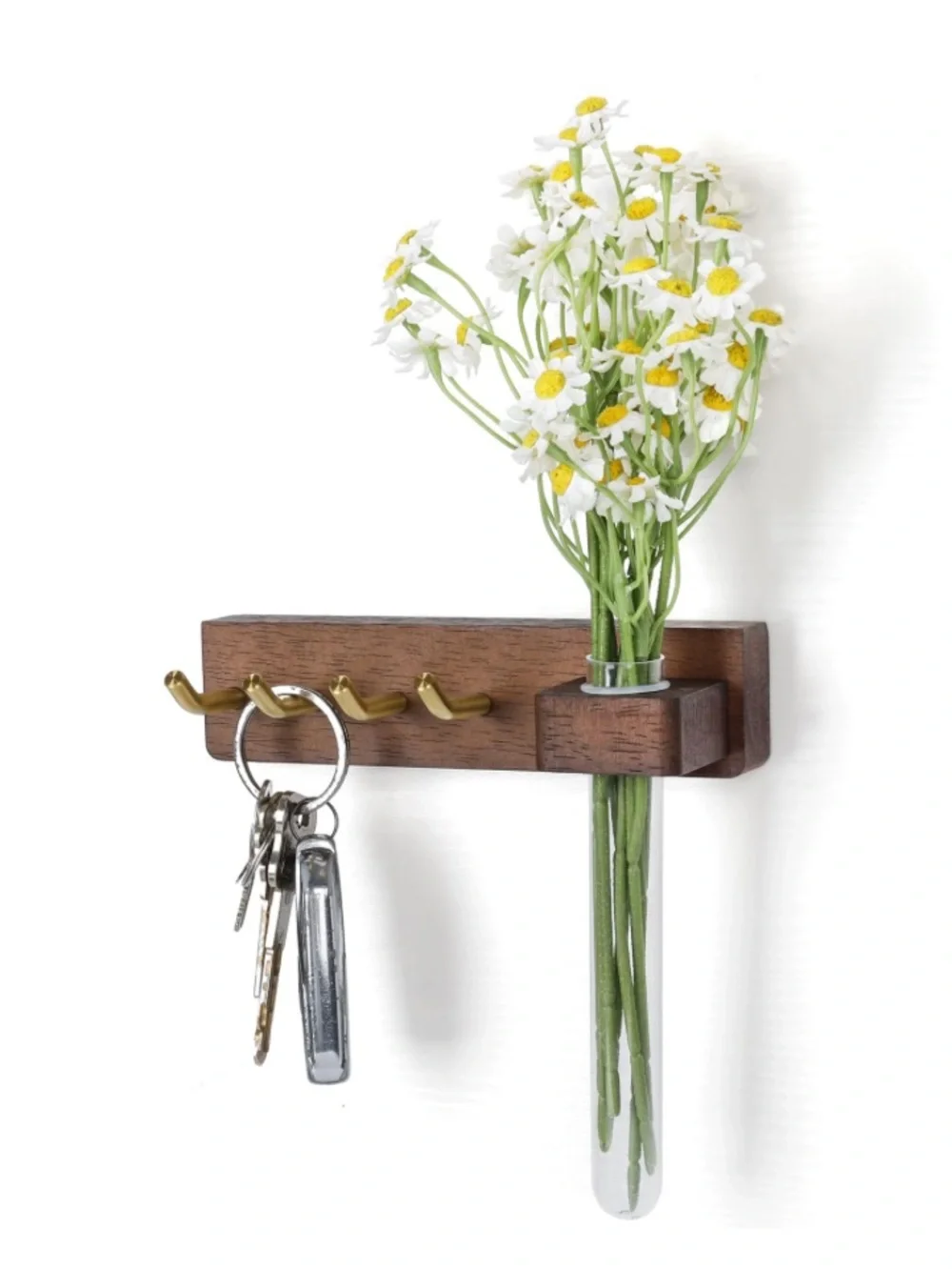 Key Holder Wall Mount with Planter Tube 4 Brass Key Hooks